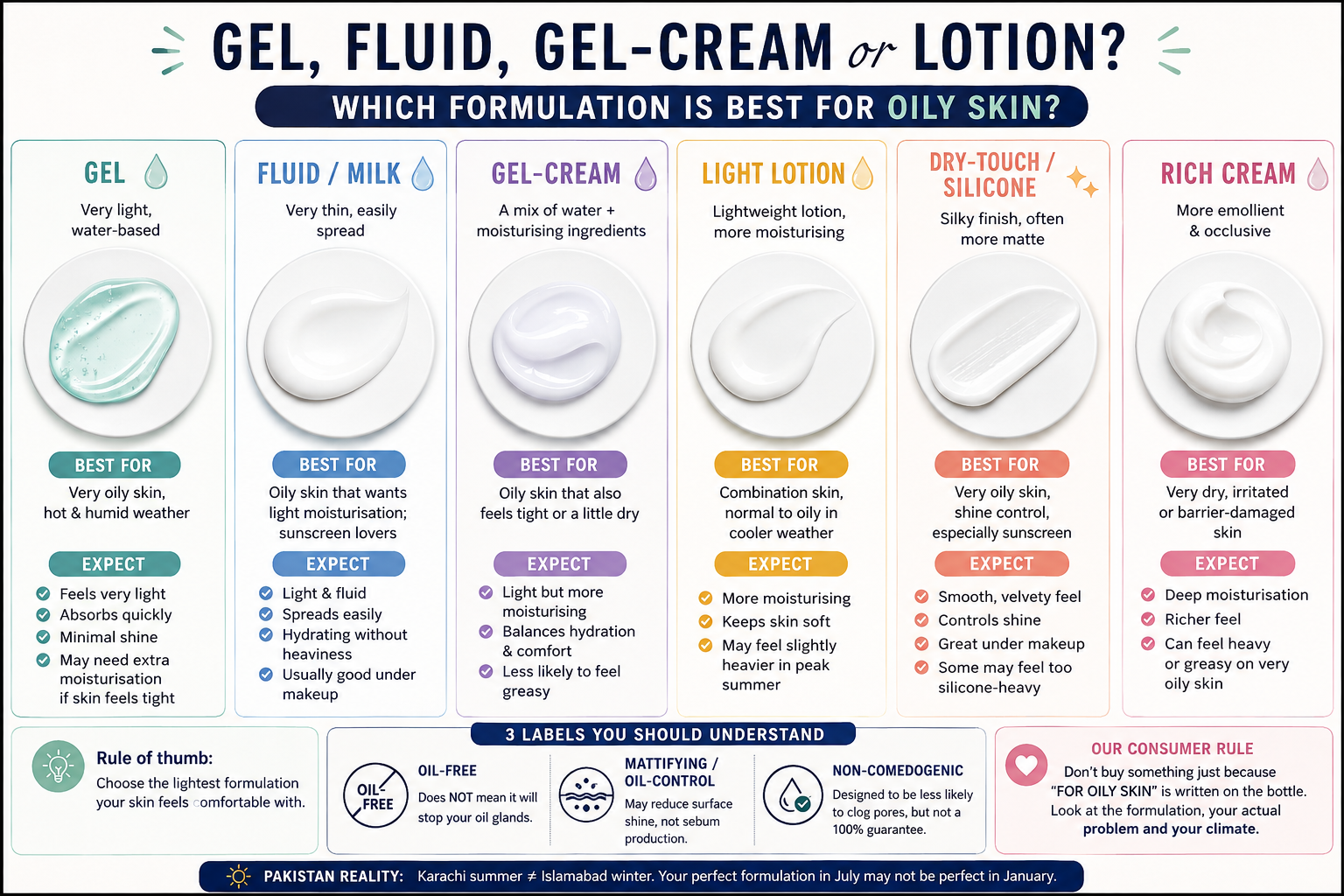 Gel, fluid, gel-cream and lotion skincare formulations compared for oily skin