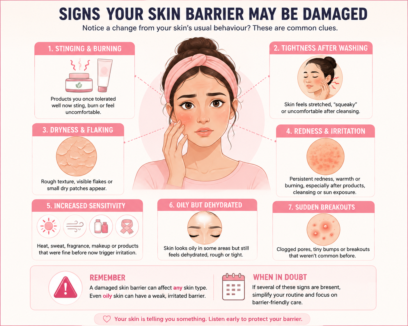 Signs of a damaged skin barrier including burning, tightness, dryness, redness, sensitivity and dehydrated oily skin