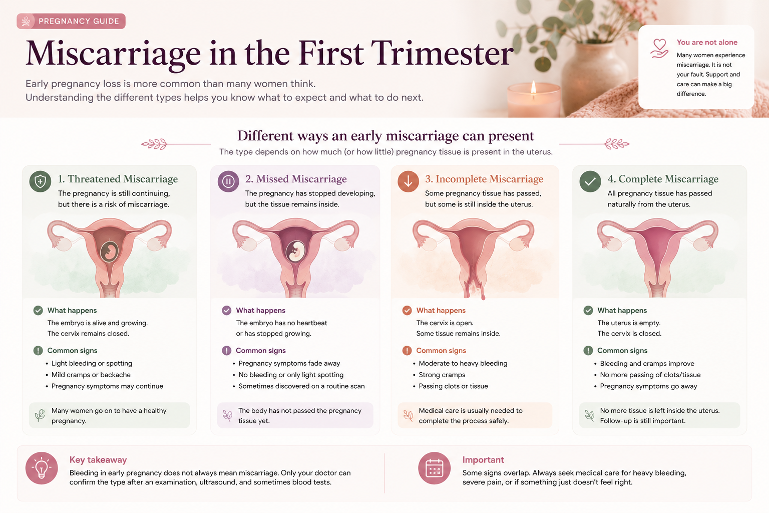 Types of early miscarriage including threatened missed incomplete and complete miscarriage