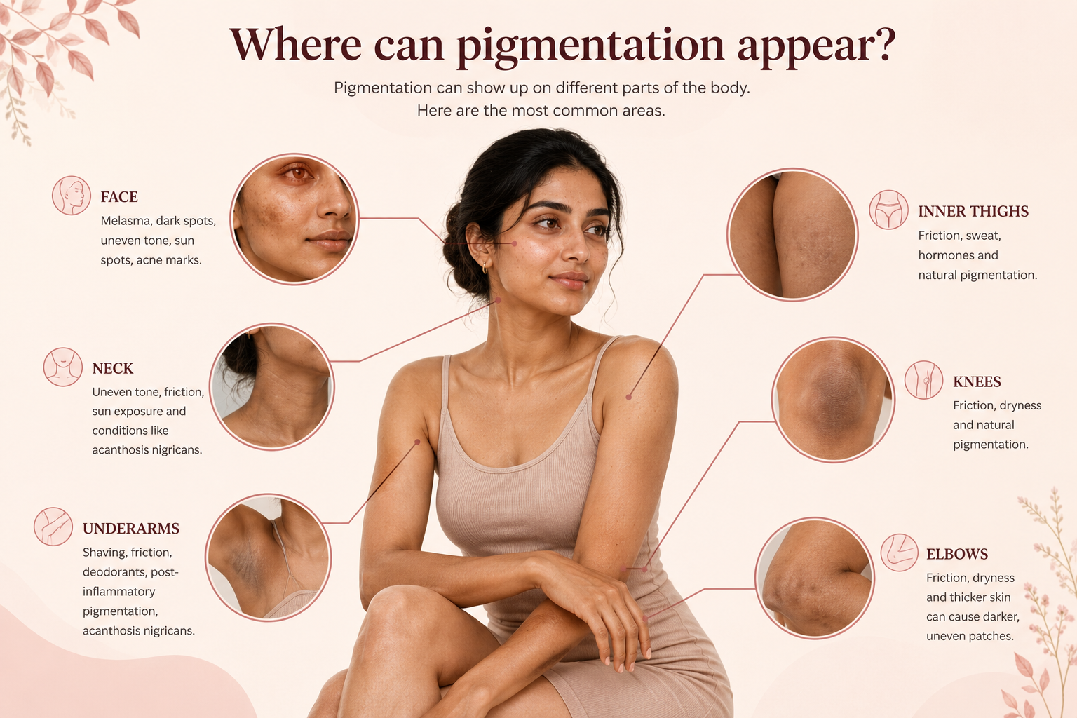Common body locations where pigmentation may appear including face neck underarms inner thighs knees and elbows