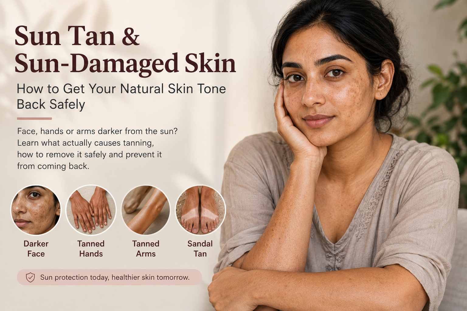 Pakistani woman with sun-tanned face, hands and arms showing uneven skin tone from sun exposure