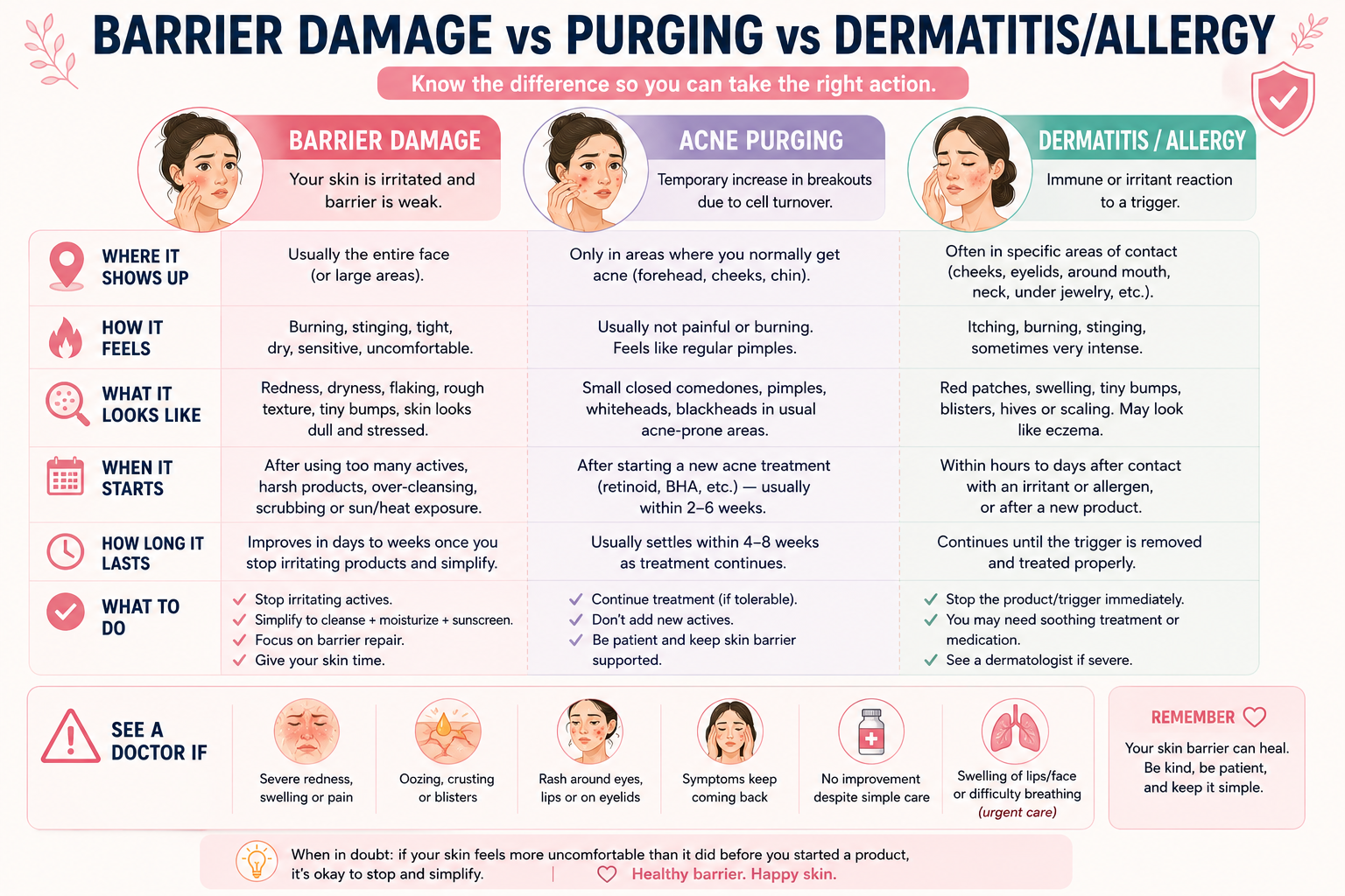 Damaged skin barrier vs acne purging vs dermatitis showing differences in symptoms, appearance, timing and when to see a dermatologist