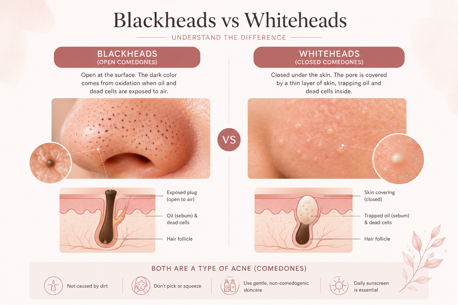 Comparison of blackheads and whiteheads showing open and closed comedones